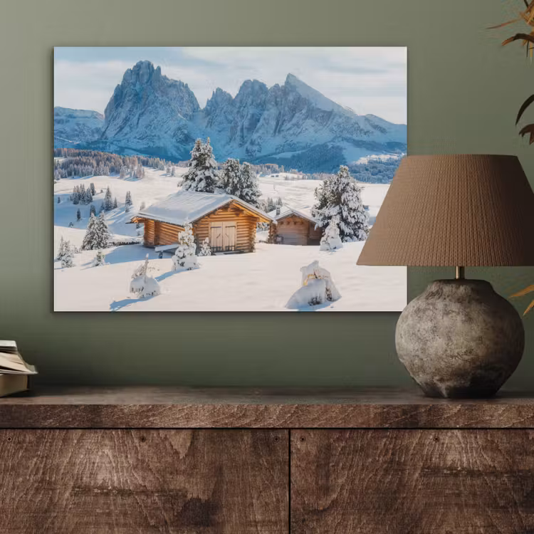 Winter - Huisje - Bergen - Uitzicht - Sneeuw PET vilt klein -sfeer2