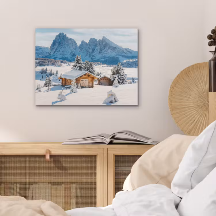 Winter - Huisje - Bergen - Uitzicht - Sneeuw PET vilt klein -sfeer3