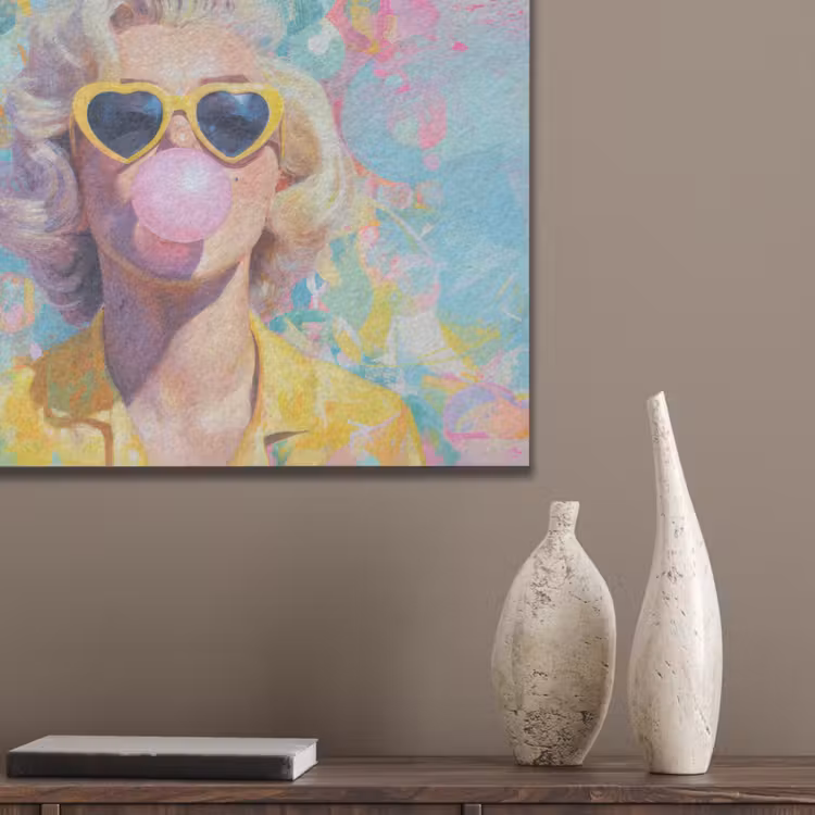 Vrouw - Blond - Roze kauwgom - Kleurrijk - Pastel PET vilt klein -sfeer6_closeup