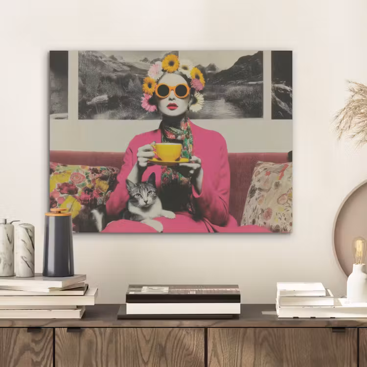 Vrouw - Kat - Bloemen - Kopje - Retro PET vilt klein -sfeer1