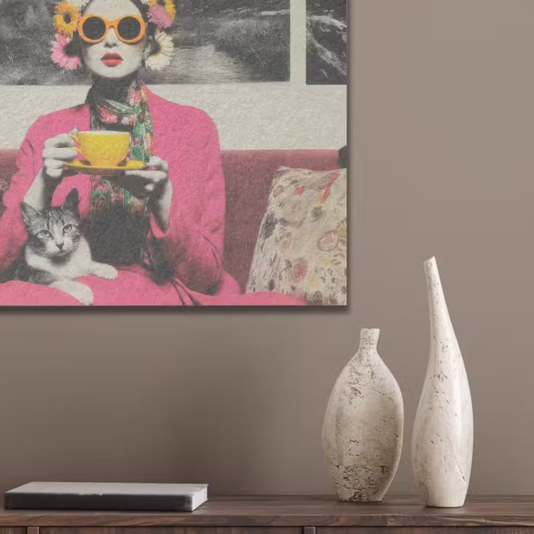 Vrouw - Kat - Bloemen - Kopje - Retro PET vilt klein -sfeer6_closeup