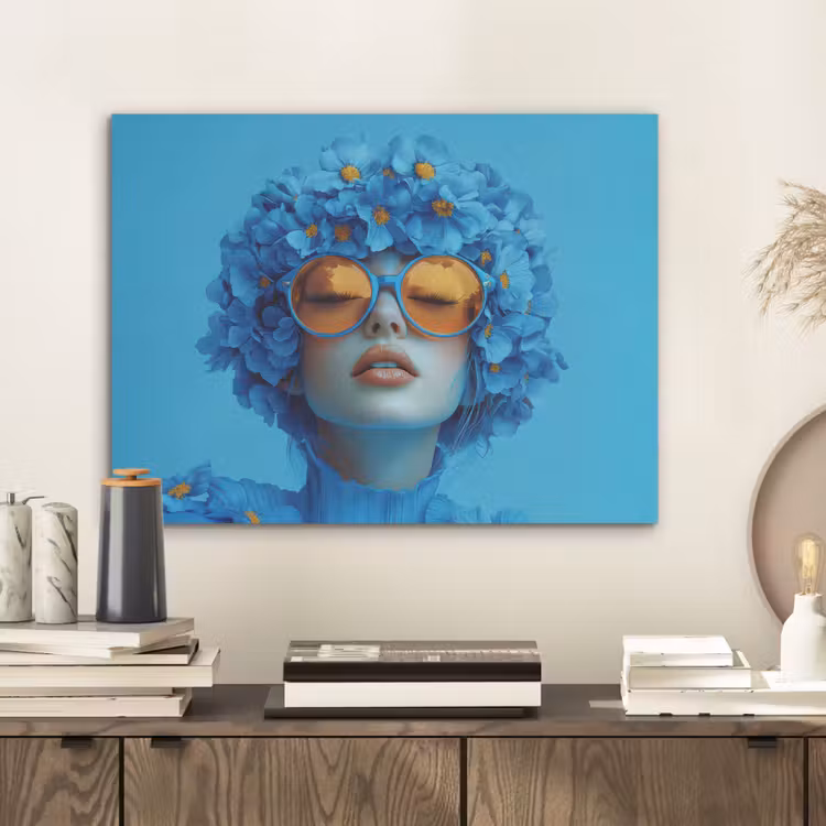 Vrouw - Bloem - Blauw - Modern - Bril - Portret PET vilt klein -sfeer1