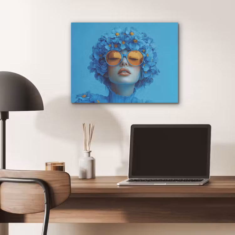 Vrouw - Bloem - Blauw - Modern - Bril - Portret PET vilt klein -sfeer5
