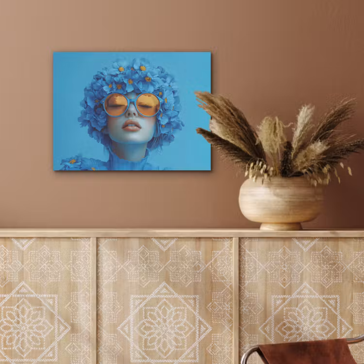 Vrouw - Bloem - Blauw - Modern - Bril - Portret PET vilt klein -sfeer4