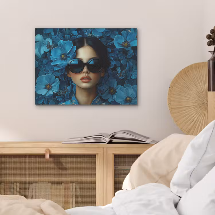 Vrouw - Bloemen - Blauw - Aesthetic - Luxe PET vilt klein -sfeer3