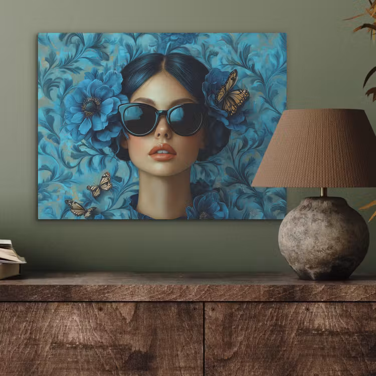 Vrouw - Bloemen - Vlinders - Blauw - Abstract PET vilt klein -sfeer2