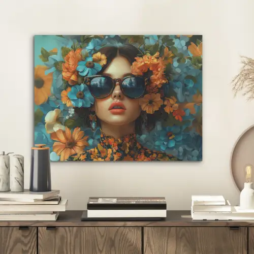 Vrouw - Bloemen - Oranje - Blauw - Modern PET vilt klein -sfeer1