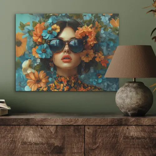 Vrouw - Bloemen - Oranje - Blauw - Modern PET vilt klein -sfeer2