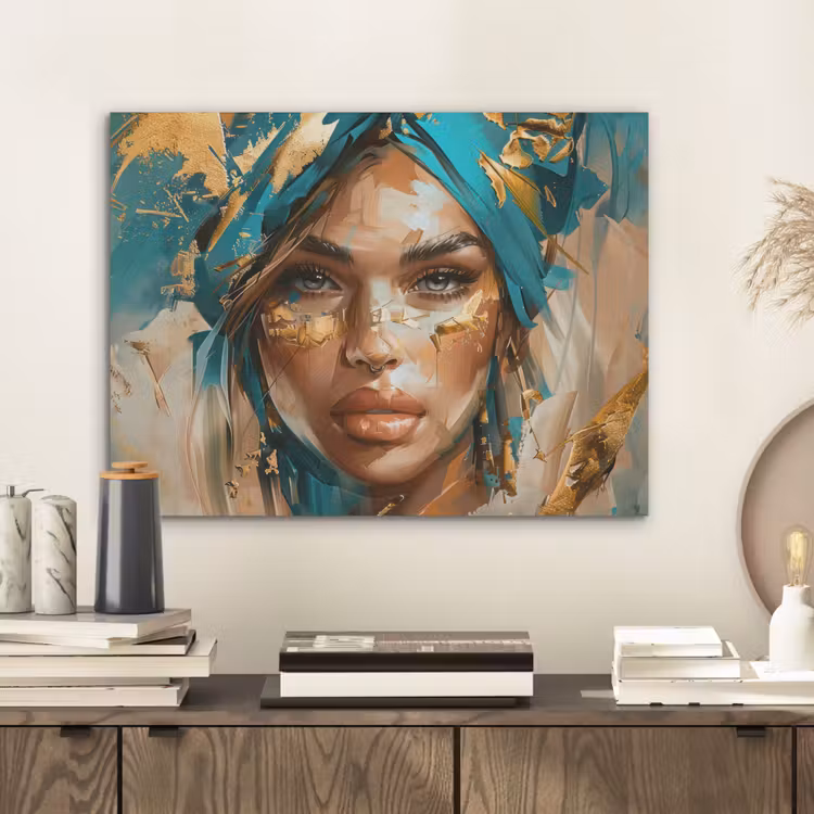 Vrouw - Portret - Goud - Luxe - Blauw PET vilt klein -sfeer1