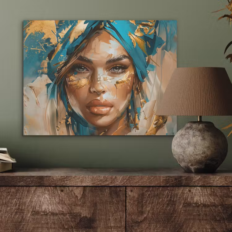 Vrouw - Portret - Goud - Luxe - Blauw PET vilt klein -sfeer2