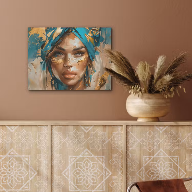Vrouw - Portret - Goud - Luxe - Blauw PET vilt klein -sfeer4