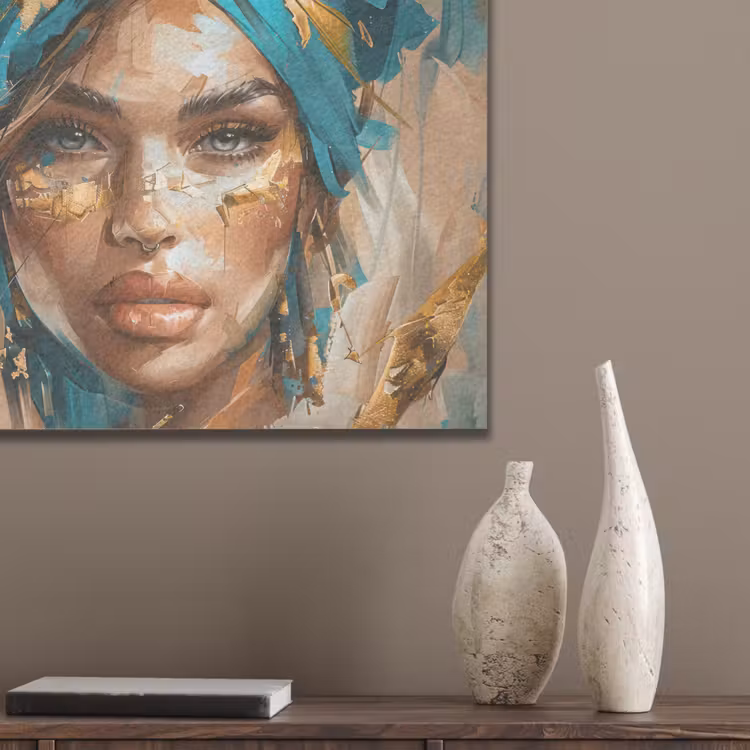 Vrouw - Portret - Goud - Luxe - Blauw PET vilt klein -sfeer6_closeup