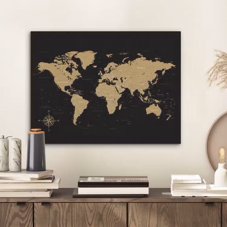 Wereldkaart - Beige - Zwart PET vilt klein -sfeer1