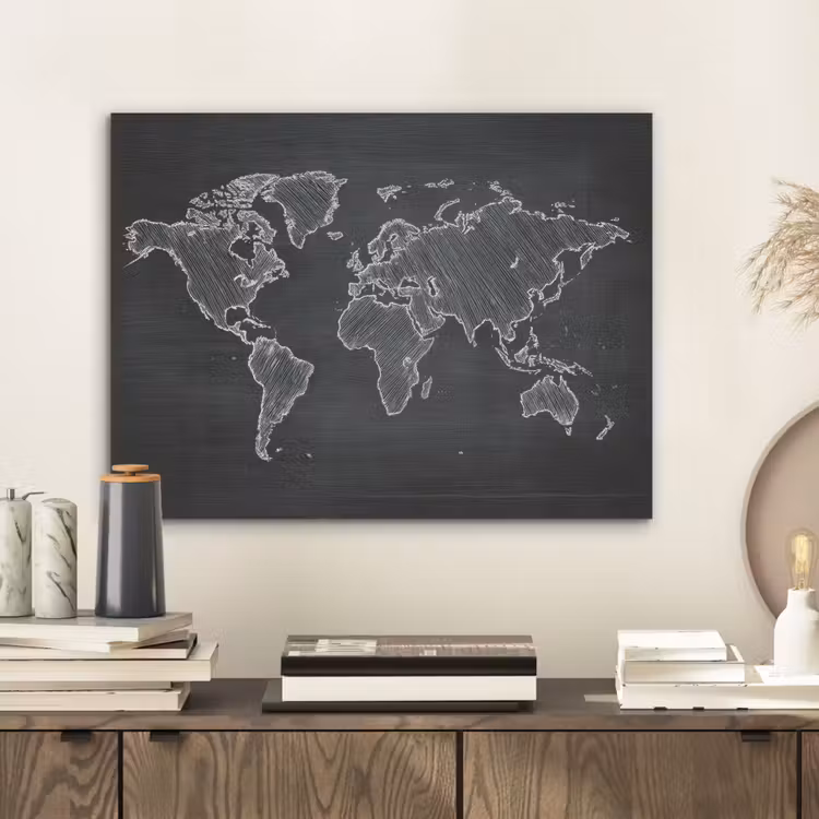 Wereldkaart - Krijt - Zwart - minimalistisch PET vilt klein -sfeer1