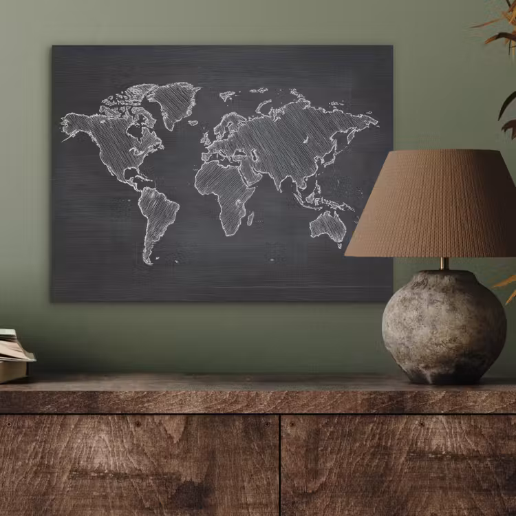 Wereldkaart - Krijt - Zwart - minimalistisch PET vilt klein -sfeer2
