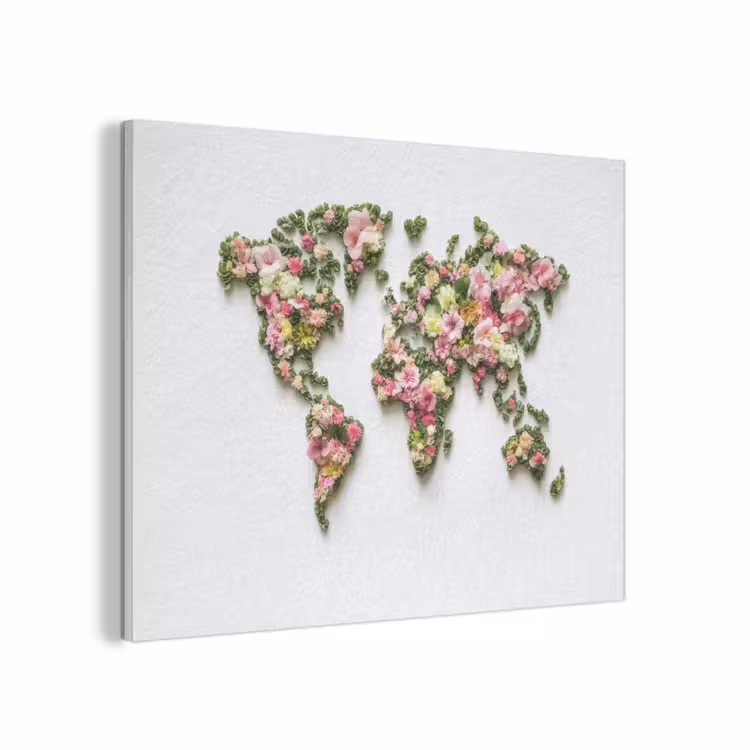 Wereldkaart - Kleurrijk - Bloemen - Lente PET vilt klein -3d