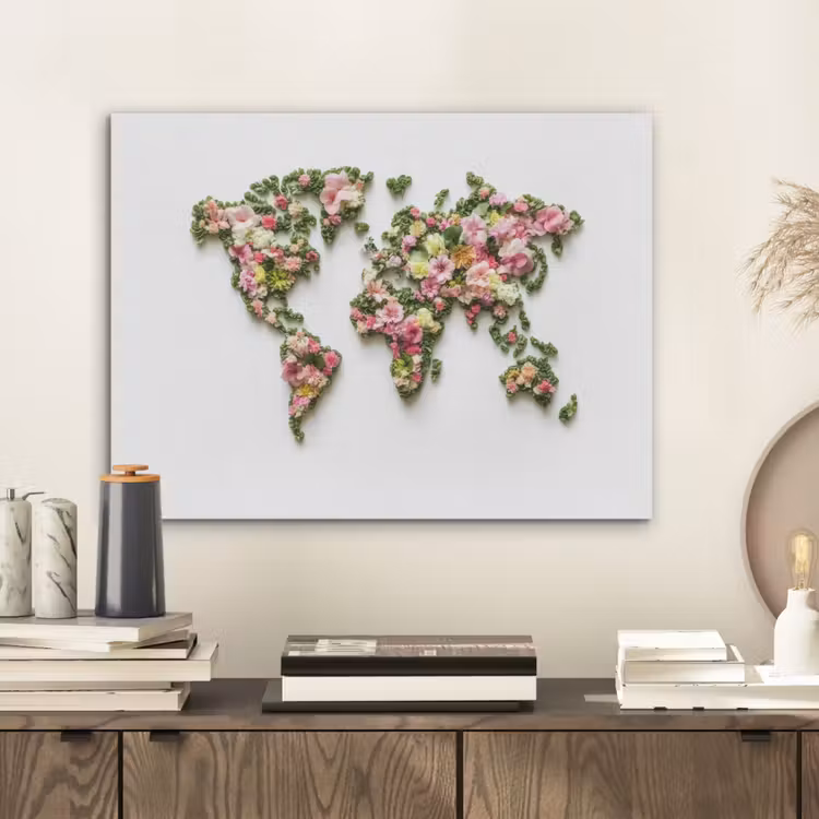 Wereldkaart - Kleurrijk - Bloemen - Lente PET vilt klein -sfeer1