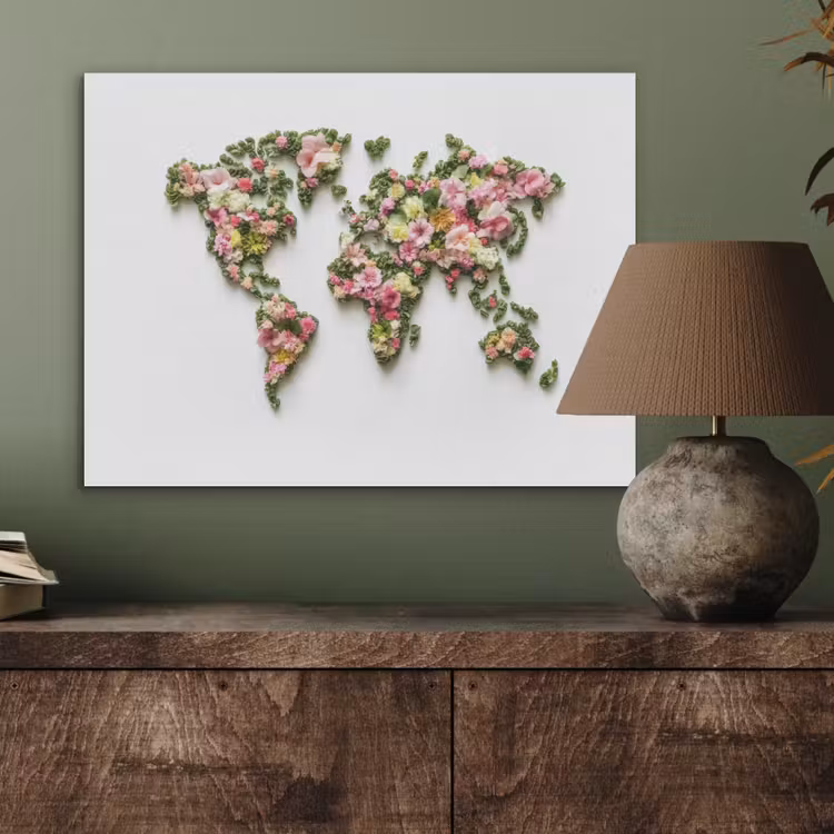 Wereldkaart - Kleurrijk - Bloemen - Lente PET vilt klein -sfeer2