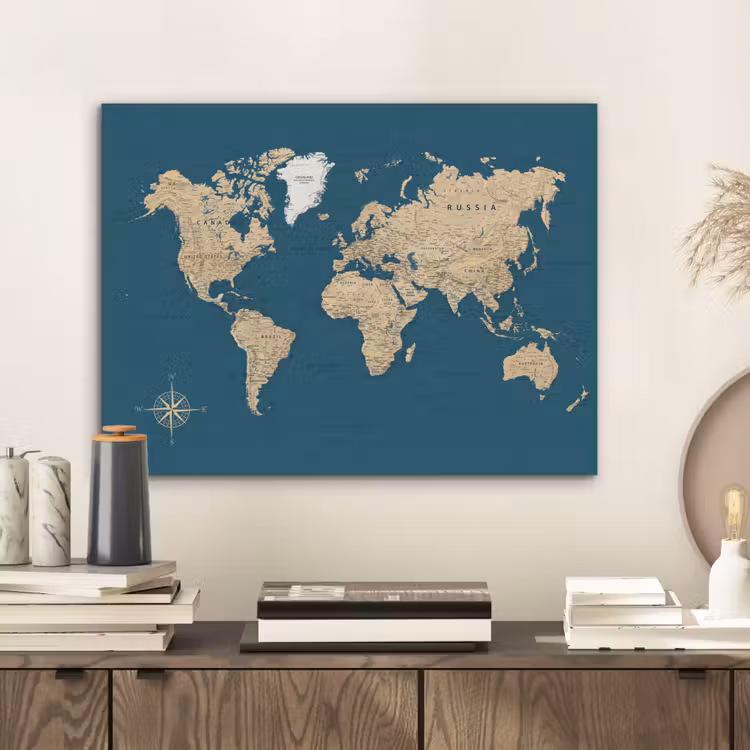 Wereldkaart - Donkerblauw - Beige PET vilt klein -sfeer1