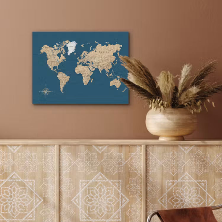 Wereldkaart - Donkerblauw - Beige PET vilt klein -sfeer4