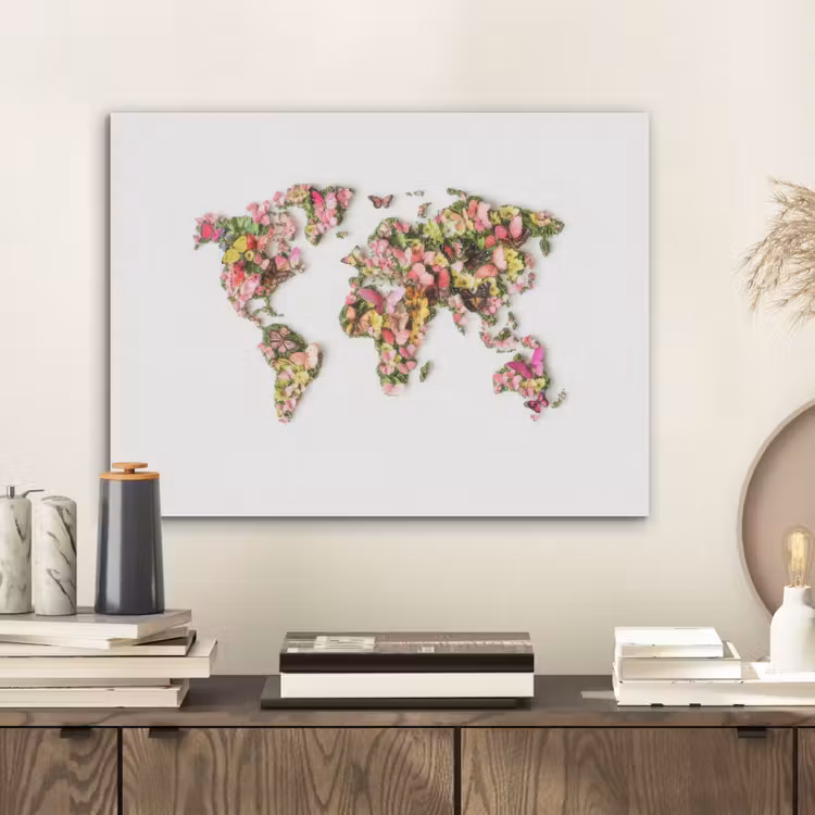Wereldkaart - Bloemen - Felgekleurd PET vilt klein -sfeer1