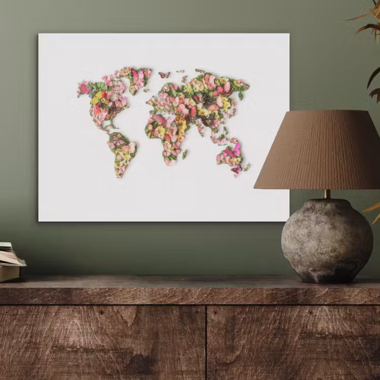 Wereldkaart - Bloemen - Felgekleurd PET vilt klein -sfeer2