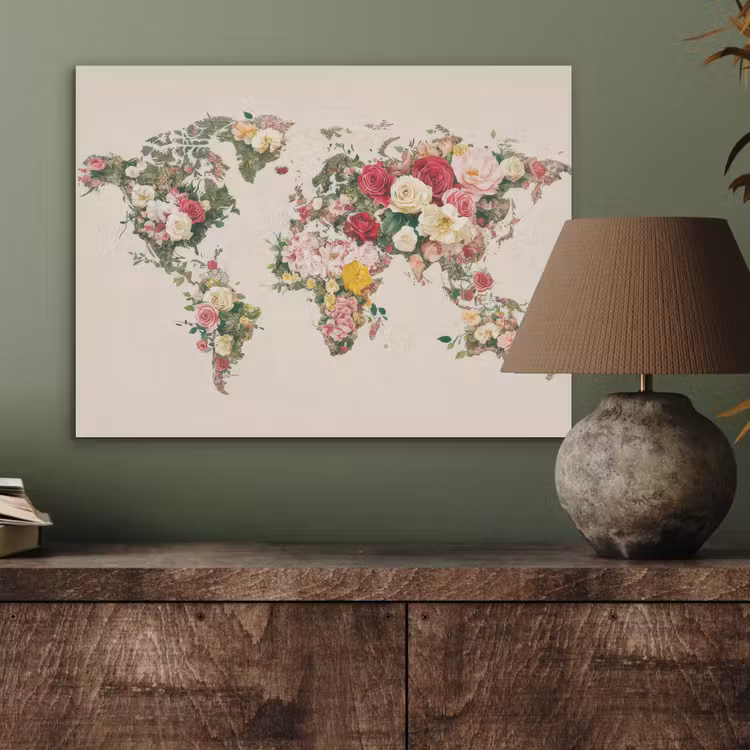 Wereldkaart - Bloemen - Roze PET vilt klein -sfeer2