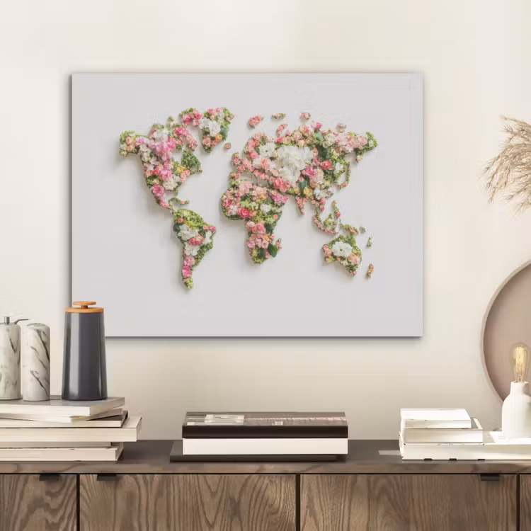 Wereldkaart - Bloemen - Subtiel PET vilt klein -sfeer1
