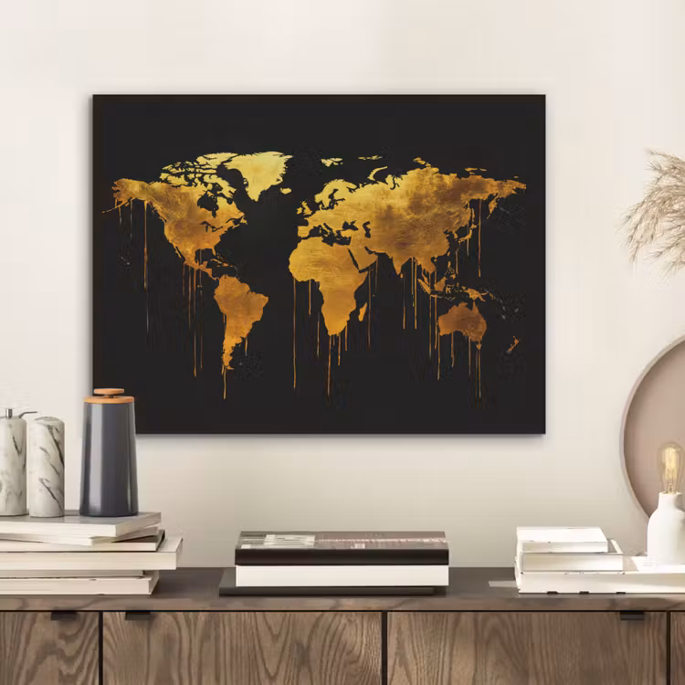 Wereldkaart - Goud - Druipen - Zwart PET vilt klein -sfeer1