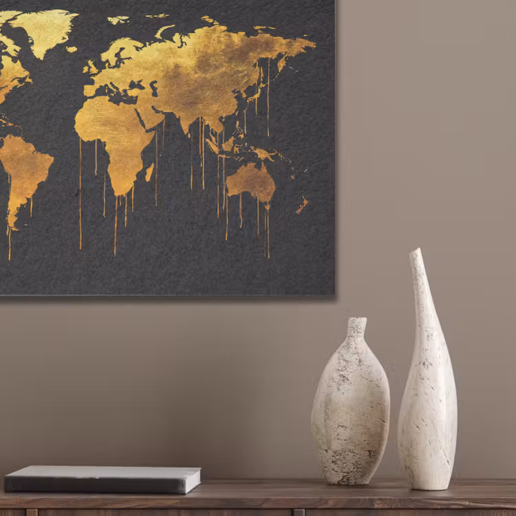 Wereldkaart - Goud - Druipen - Zwart PET vilt klein -sfeer6_closeup