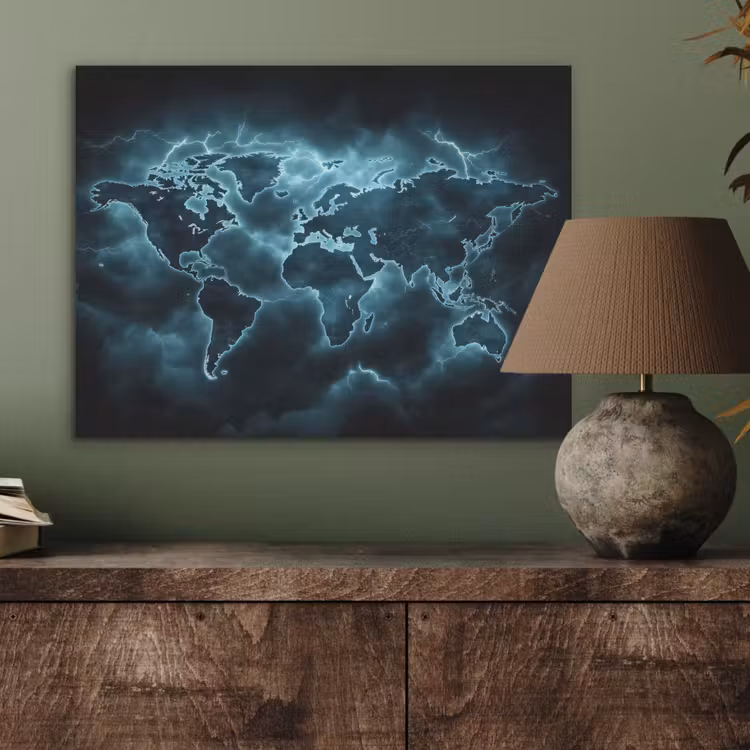 Wereldkaart - Bliksem - Blauw PET vilt klein -sfeer2