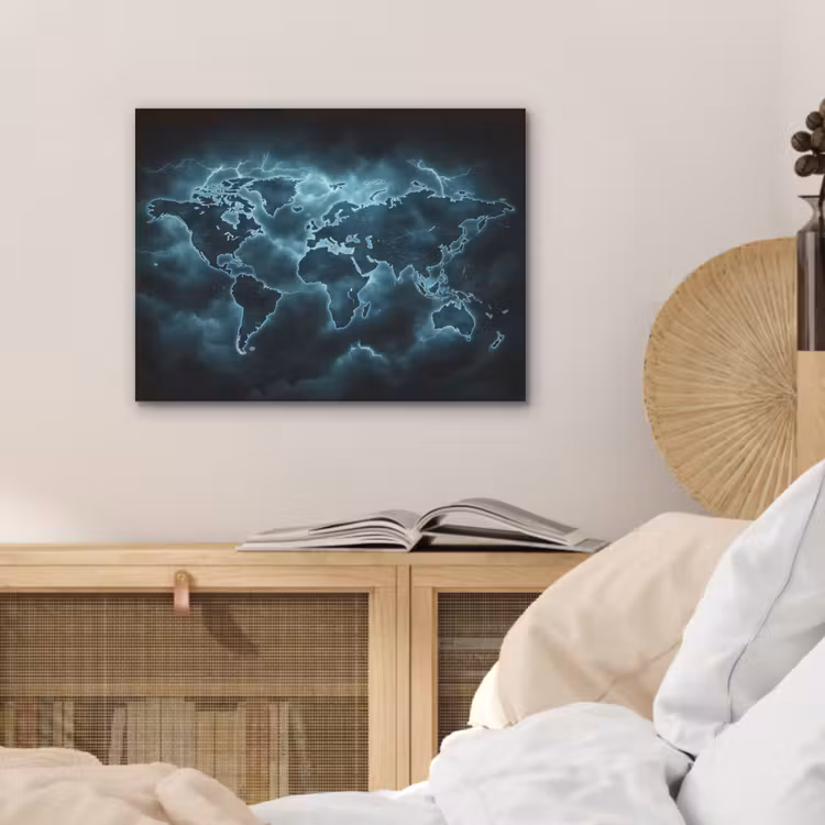 Wereldkaart - Bliksem - Blauw PET vilt klein -sfeer3