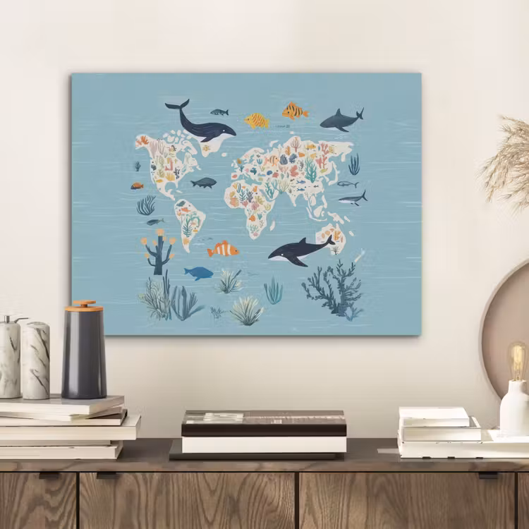 Wereldkaart - Zeeleven - Blauw PET vilt klein -sfeer1