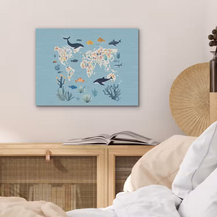 Wereldkaart - Zeeleven - Blauw PET vilt klein -sfeer3