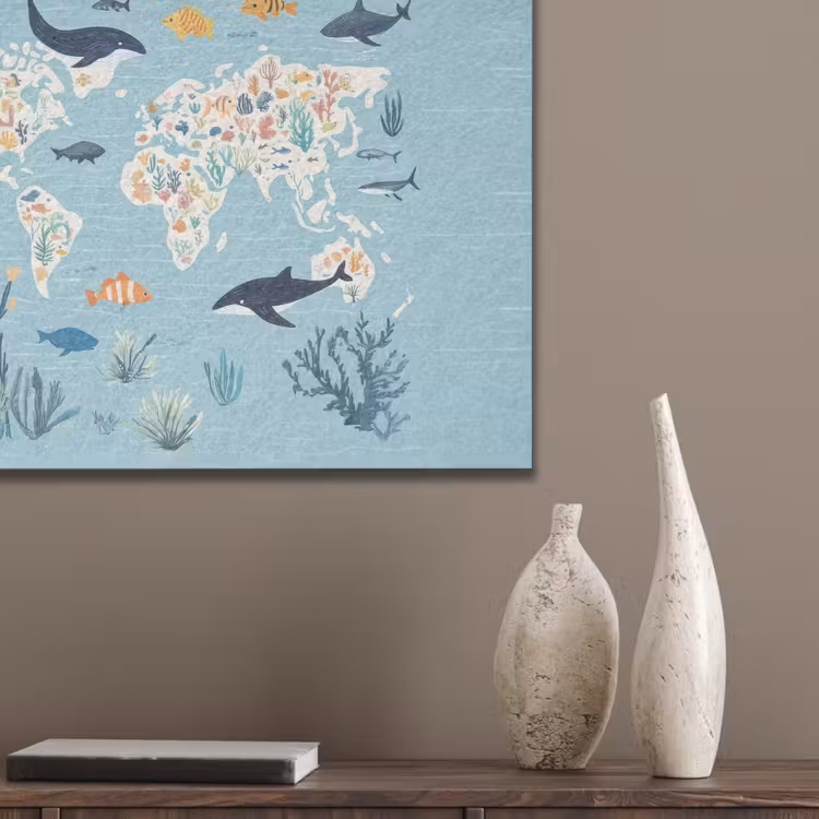 Wereldkaart - Zeeleven - Blauw PET vilt klein -sfeer6_closeup