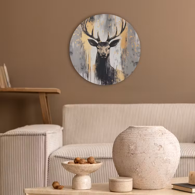 Abstract - Hert - Gewei - Goud Akoestische PET Vilt - Rond klein -sfeer1