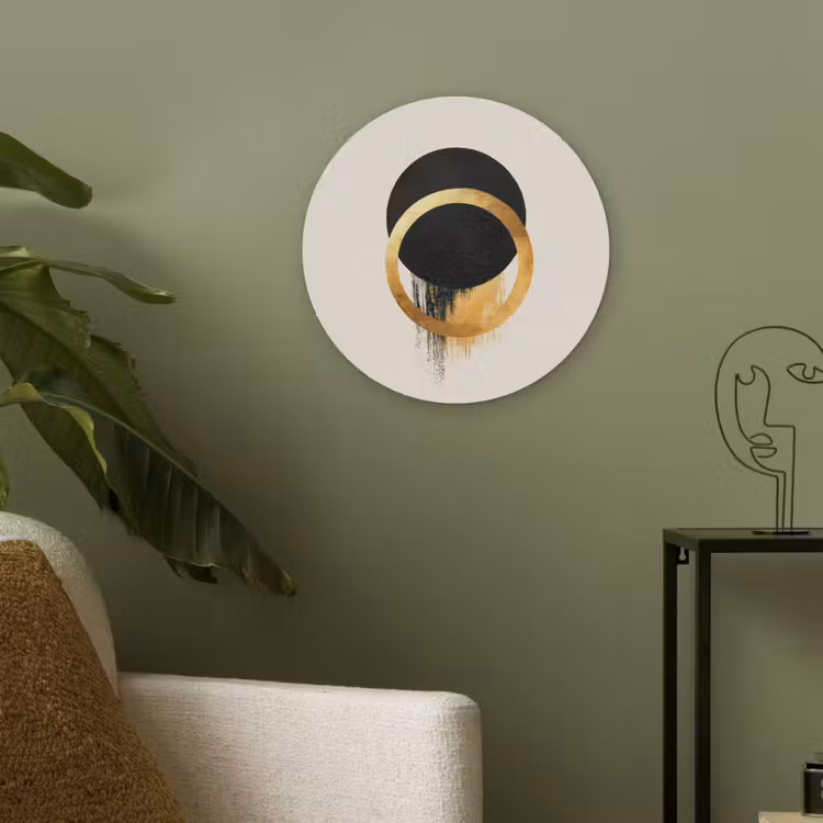 Abstract ontwerp - Zwarte cirkel - Verfvlekken Akoestische PET Vilt - Rond klein -sfeer2