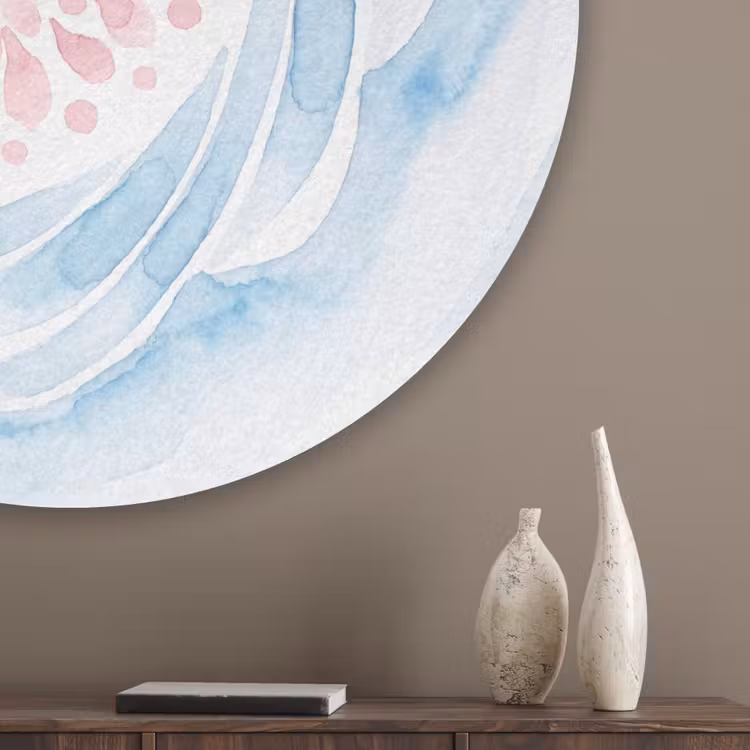 Abstract - Bloemvorm - Aquarel - Roze - Blauw Akoestische PET Vilt - Rond klein -sfeer5_closeup