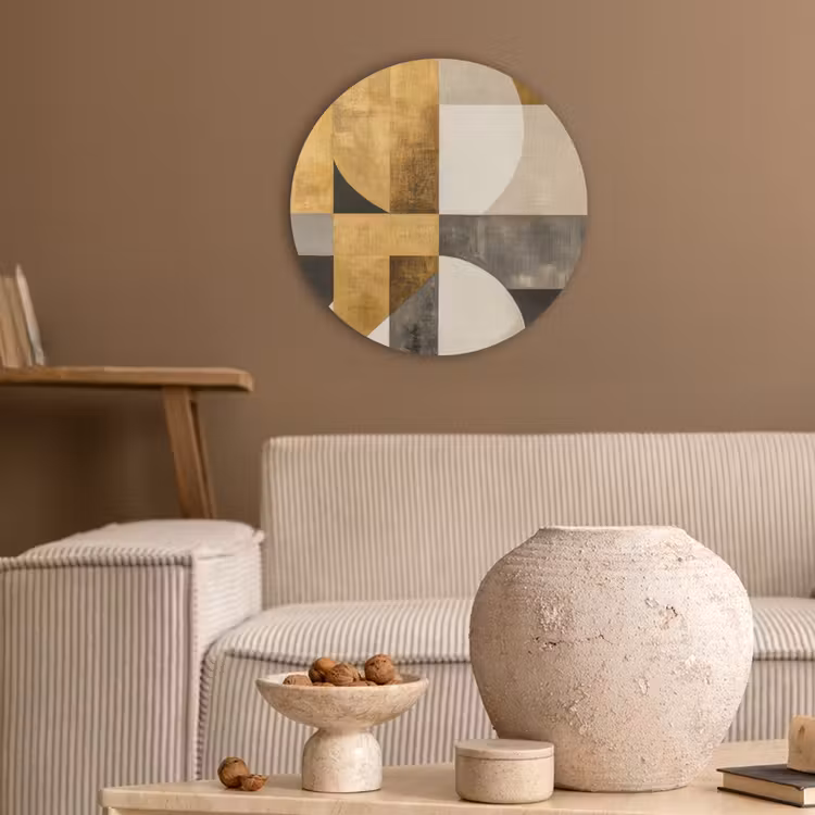 Abstract - Goud - Grijs - Vormen - Geometrisch Akoestische PET Vilt - Rond klein -sfeer1