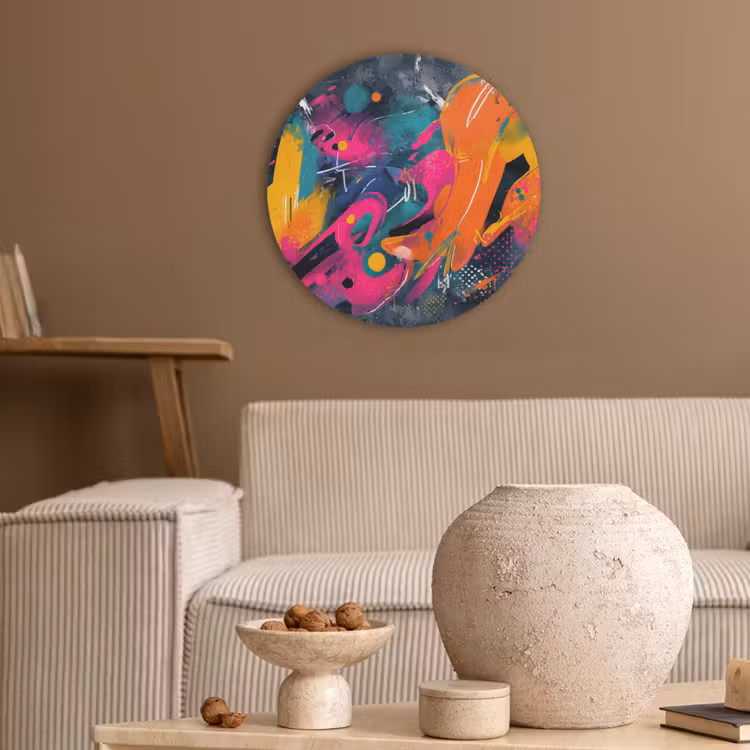 Abstract - Graffiti - Kleurrijk - Verfspatten Akoestische PET Vilt - Rond klein -sfeer1