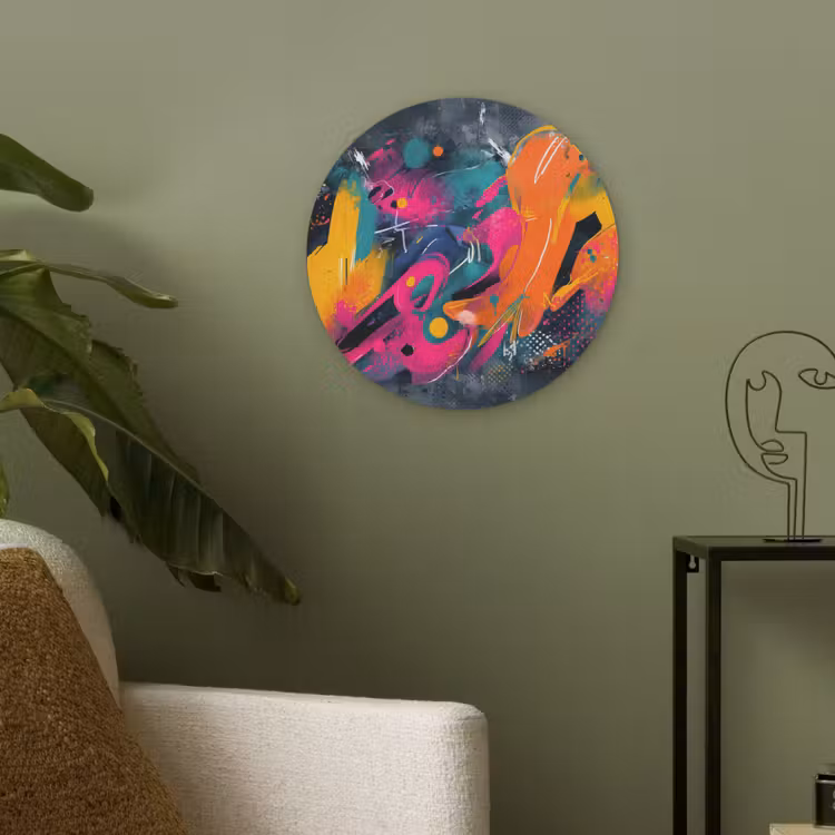 Abstract - Graffiti - Kleurrijk - Verfspatten Akoestische PET Vilt - Rond klein -sfeer2
