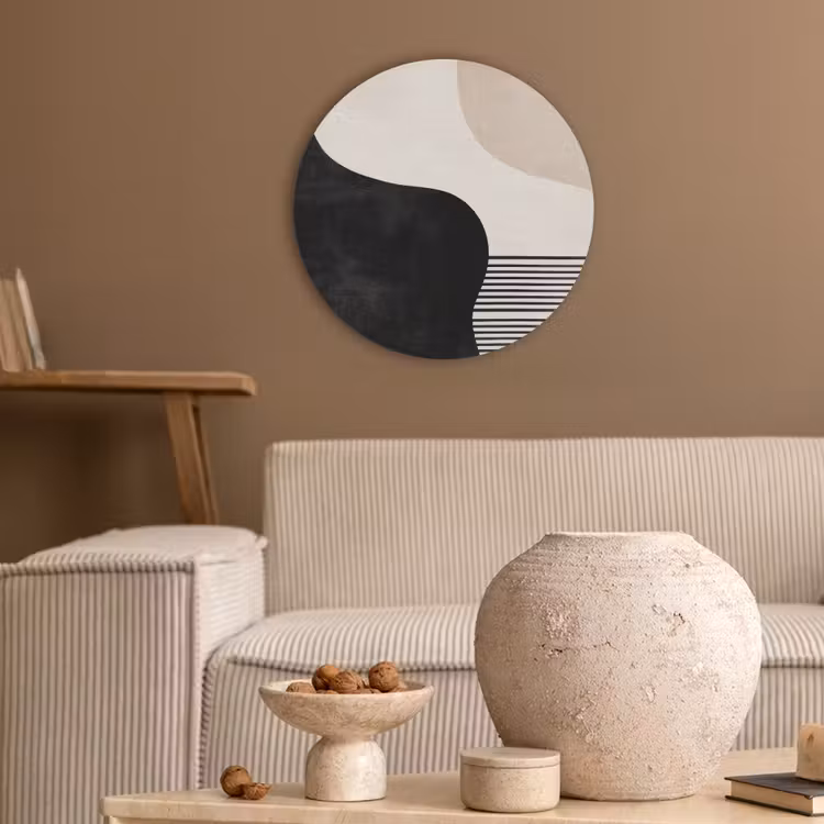 Abstract - Japandi - Beige - Modern Akoestische PET Vilt - Rond klein -sfeer1
