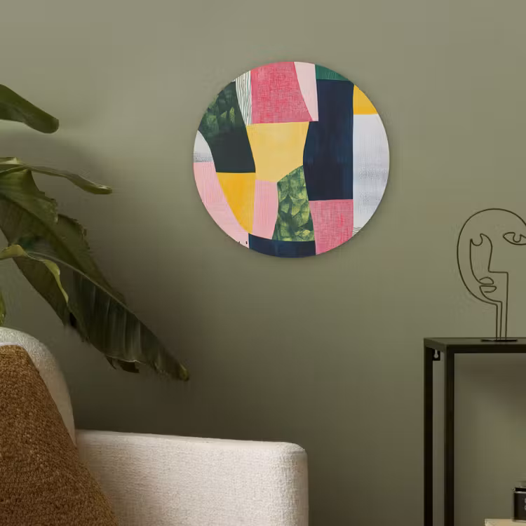 Abstract - Roze - Lappen - Vormen - Geel Akoestische PET Vilt - Rond klein -sfeer2