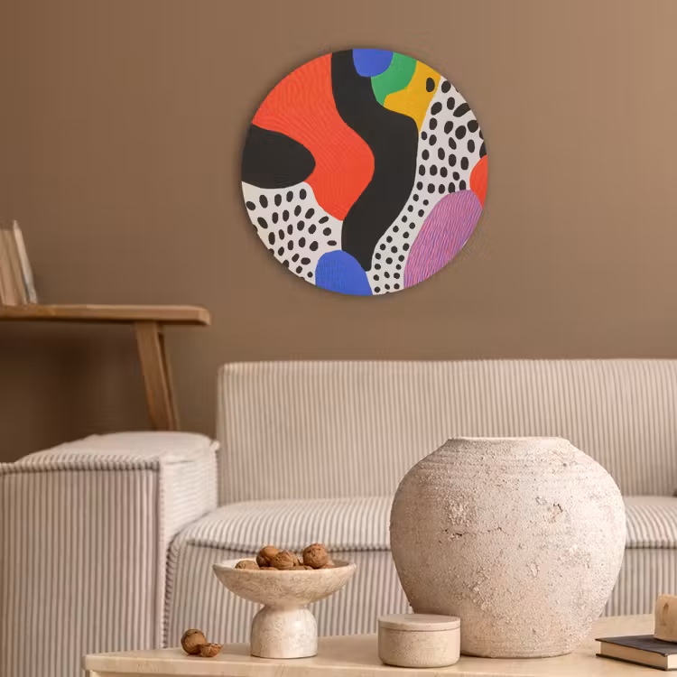 Abstract - Vormen - Kleuren - Stippen Akoestische PET Vilt - Rond klein -sfeer1