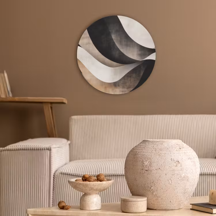 Abstract - Golven - Zwart - Verweerd Akoestische PET Vilt - Rond klein -sfeer1