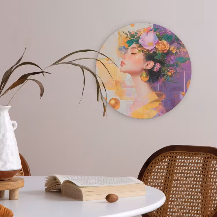 Abstract - Vrouw - Bloemenkroon - Goud Akoestische PET Vilt - Rond klein -sfeer3
