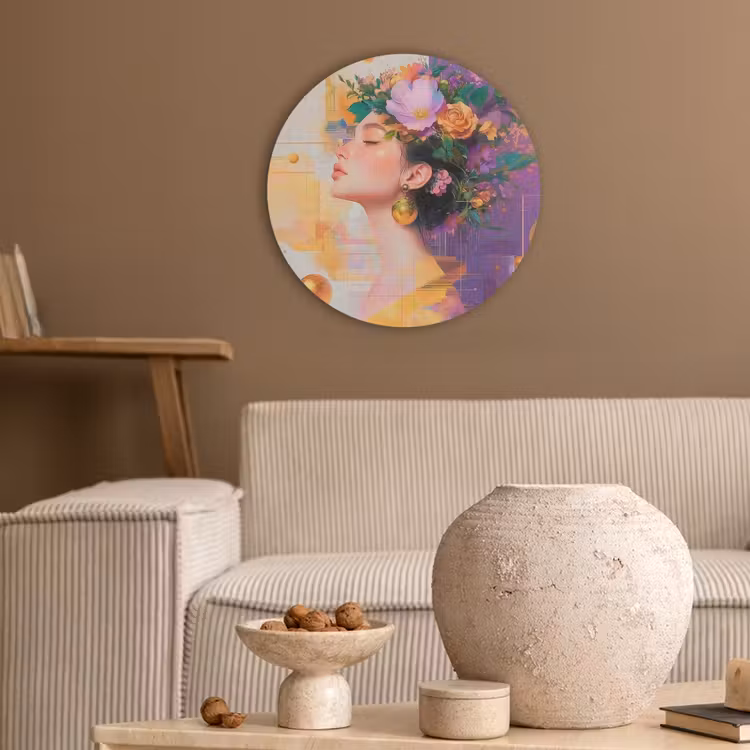 Abstract - Vrouw - Bloemenkroon - Goud Akoestische PET Vilt - Rond klein -sfeer1