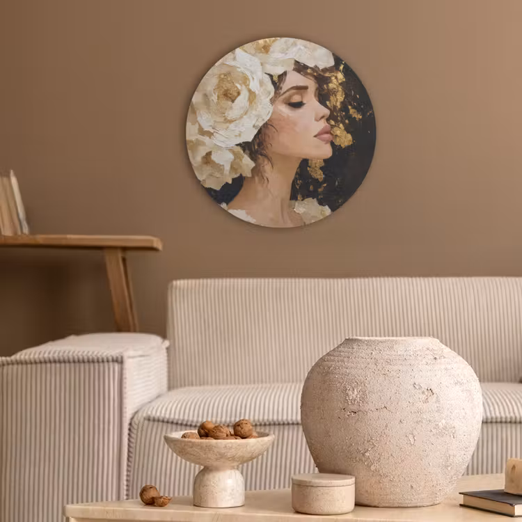 Abstract - Vrouw - Bloemen - Wit Akoestische PET Vilt - Rond klein -sfeer1