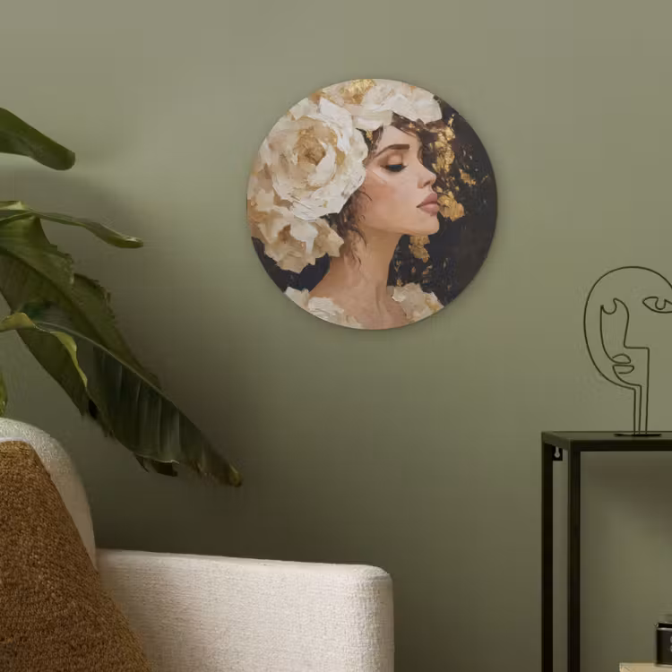 Abstract - Vrouw - Bloemen - Wit Akoestische PET Vilt - Rond klein -sfeer2