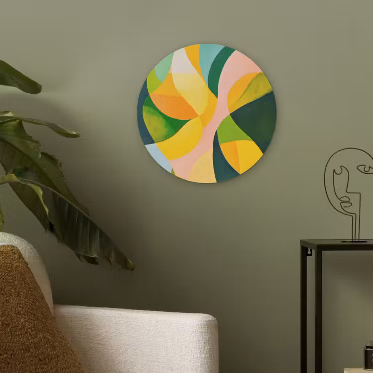 Abstract - Geel - Roze - Groen Akoestische PET Vilt - Rond klein -sfeer2